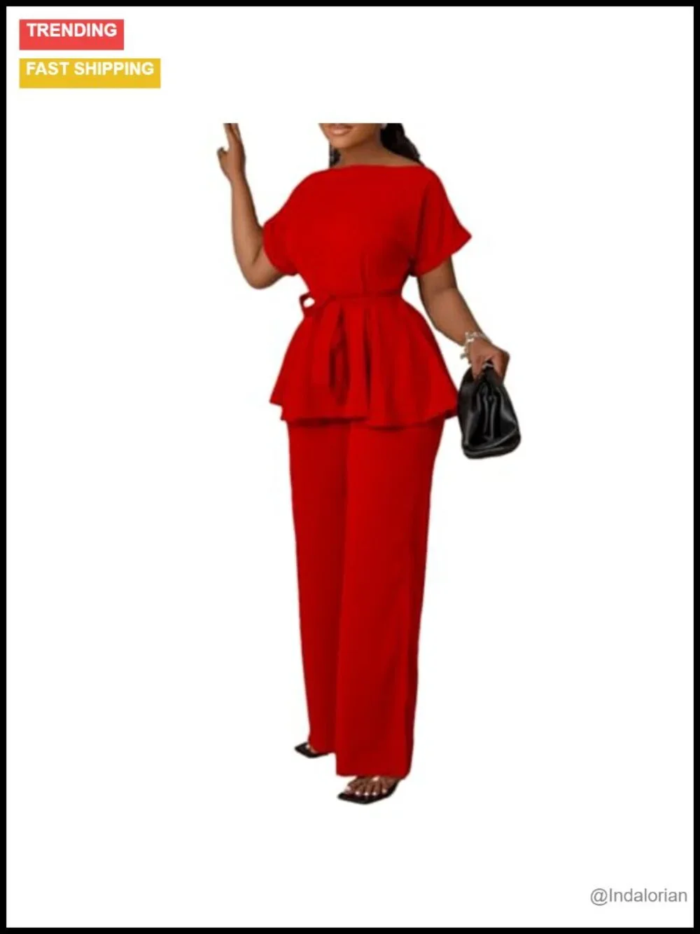 Women's 2pc Peplum Top Flared Pants Set Polyester Spandex